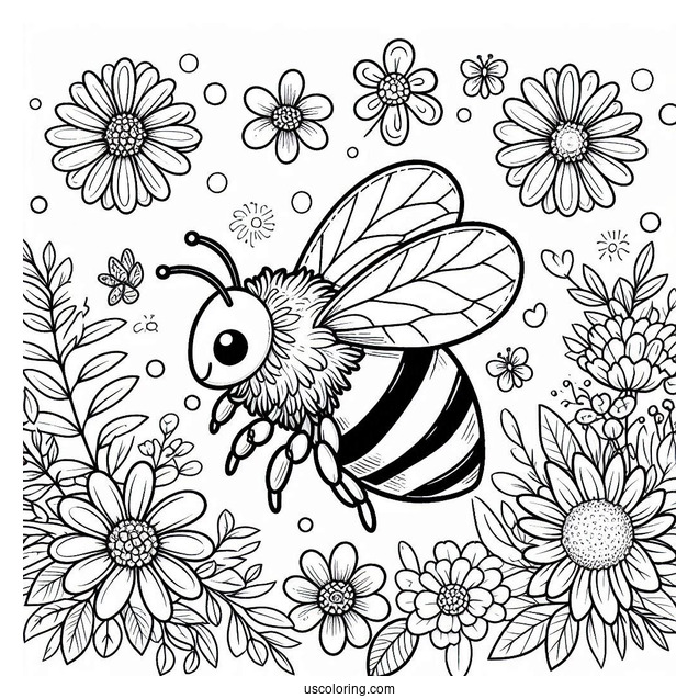 Bee Coloring Page Of Surrounded By Flowers And Leaves