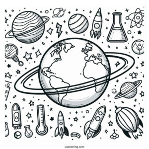 Simple Earth Surrounded By Rockets, Planets, Flasks, And Magnets Science Coloring Page
