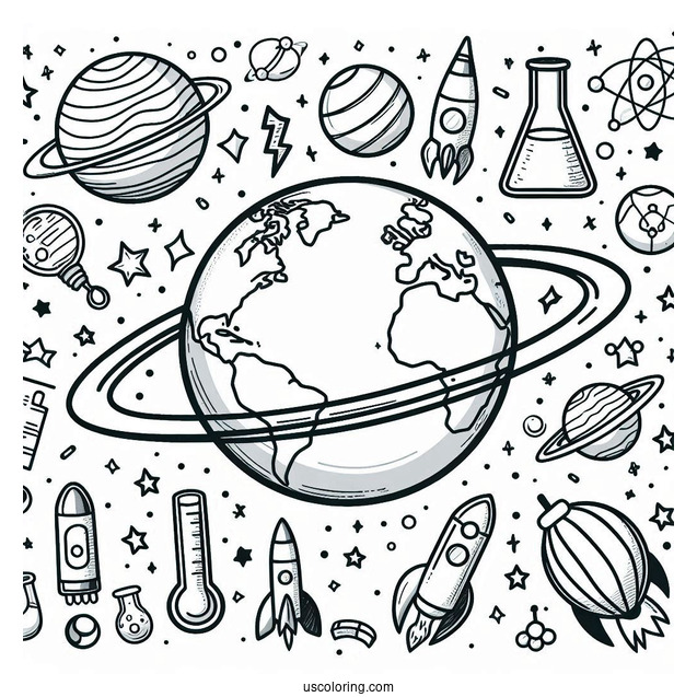 Simple Earth Surrounded By Rockets, Planets, Flasks, And Magnets Science Coloring Page