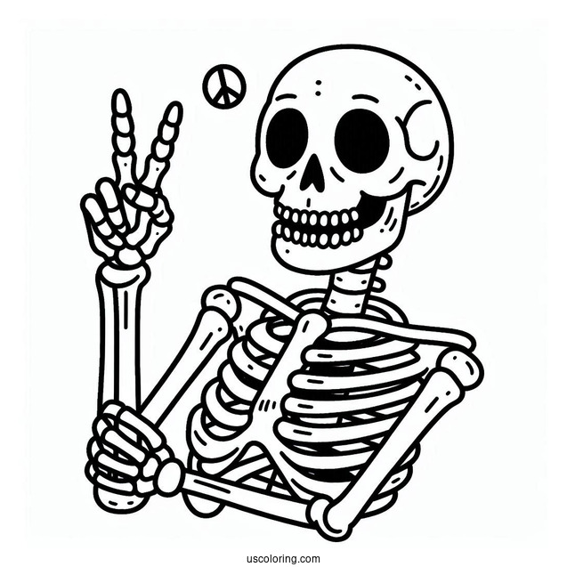 Smiling Skeleton Coloring Page Doing Peace Sign