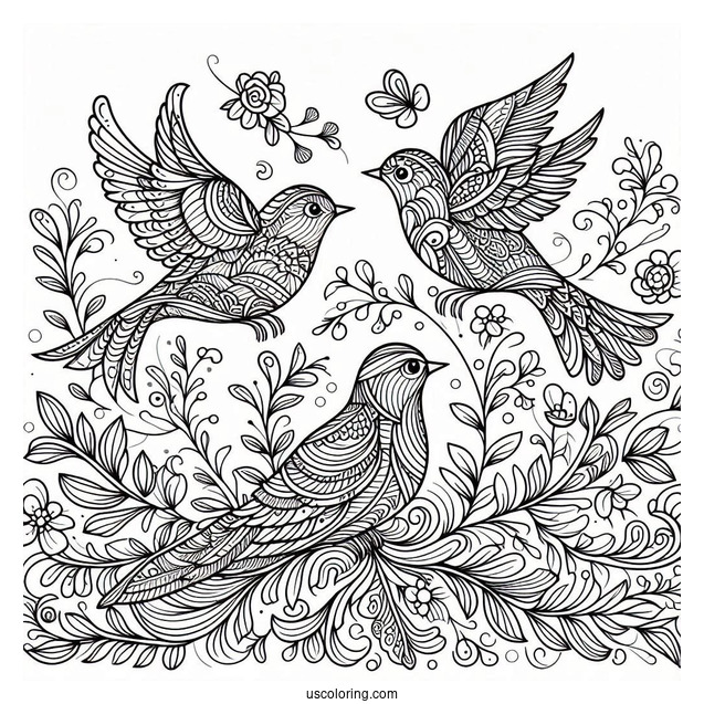 Majestic Nature With Birds Pattern Coloring Page