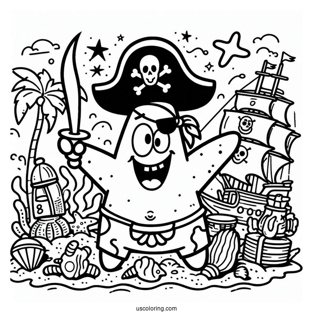 Easy Outline Of Pirate Patrick Star Coloring Page For Kids