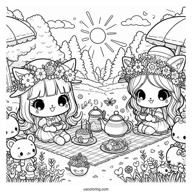Chibi Coloring Page Tea Party in a Sunny Forest Meadow with Animal Friends