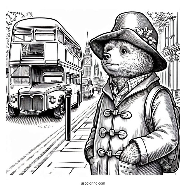 Paddington Coloring Page Bear Staring At A Double Decker In London