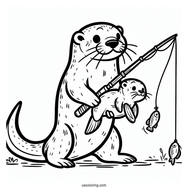 Daddy Otter Coloring Page With Fishing Rod And Baby Otter Carrying Fish