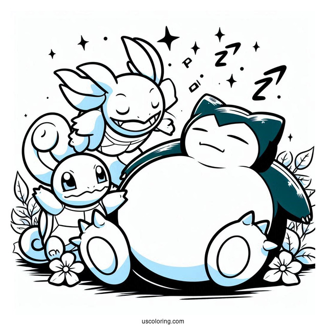 Squirtle And Lilligant Fighting On Stop Of Sleeping Snorlax Coloring Page