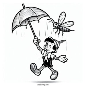 Pinocchio Coloring Page Of Jiminy Cricket Floating Down Using Umbrella