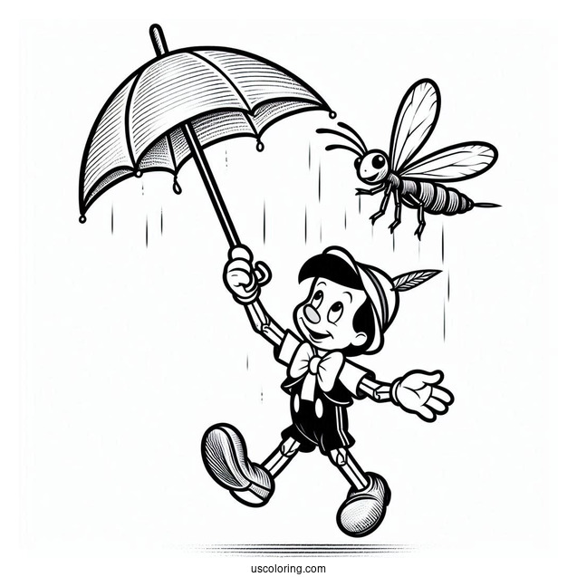 Pinocchio Coloring Page Of Jiminy Cricket Floating Down Using Umbrella