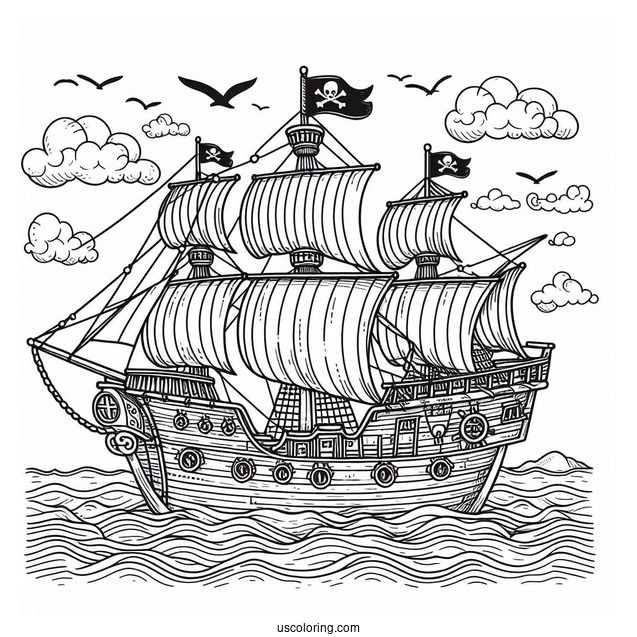Detailed Pirate Ship Coloring Page