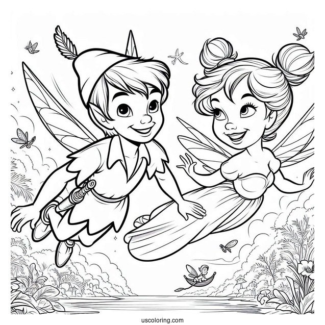 Coloring Sheet Of Peter Pan Flying With Tinker Bell