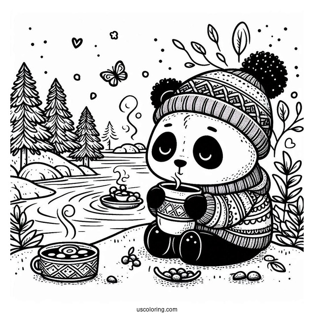 Cozy Panda Coloring Page in Sweater Drinking Hot Cocoa by the River