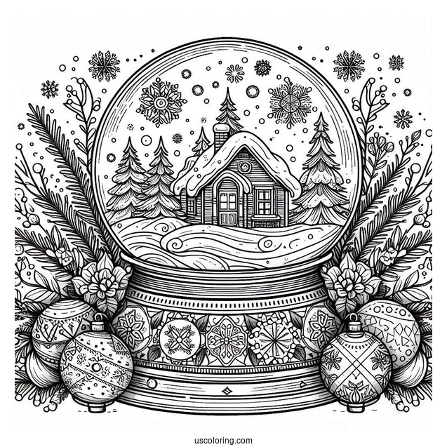 Snow Globe With Cottage In Winter Christmas Mandala Coloring Page
