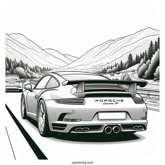 Realistic Back View Of Porsche Coloring Page On The Road