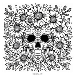 Sugar Skulls Coloring Page Surrounded By Daisies And Leaves