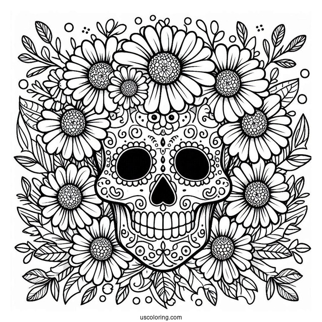 Sugar Skulls Coloring Page Surrounded By Daisies And Leaves