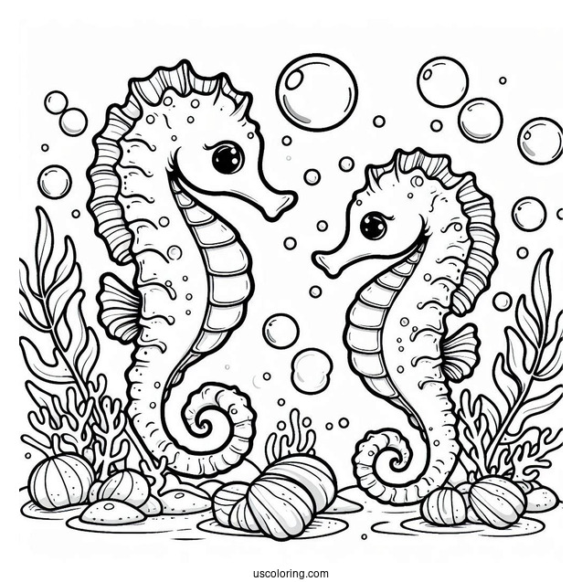 Two Cute Seahorses Blowing Bubbles