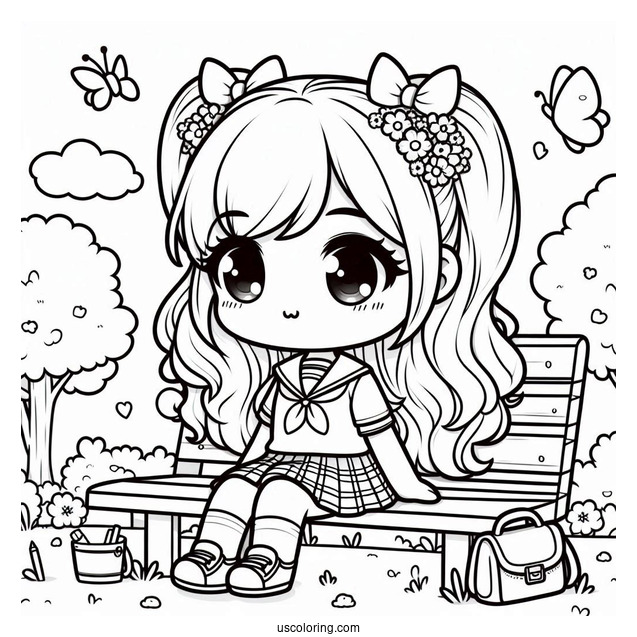 Kawaii School Girl Sitting In A Park Coloring Page