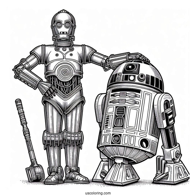 Detailed R2-D2 Coloring Page With C3PO