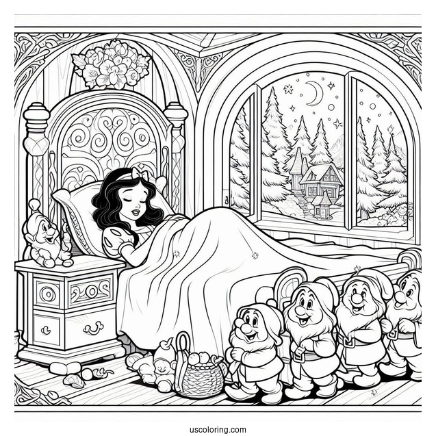 Snow White In Bed Being Woken Up By The Seven Dwarfs