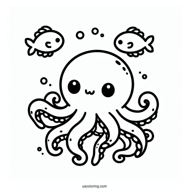 Kawaii Octopus Coloring Page Swimming With Fish