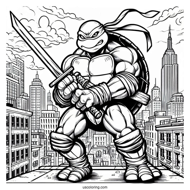 Ninja Turtles Coloring Page Of Angry Raphael Holding Sword On Rooftop