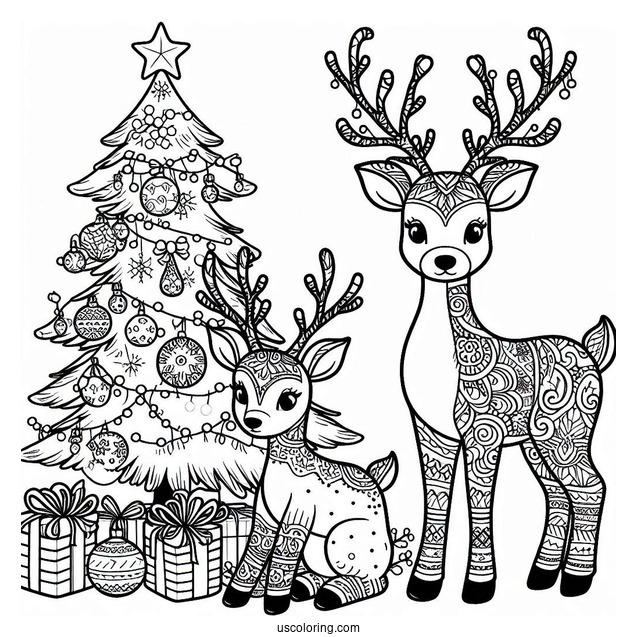 Adult Reindeer Next To Christmas Tree
