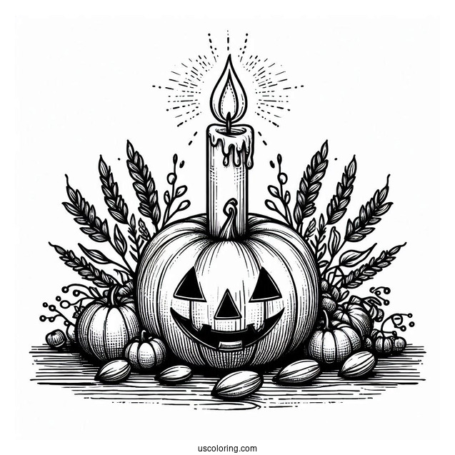 Pumpkin Coloring Page Of Lit Candle Above A Jack O Lantern