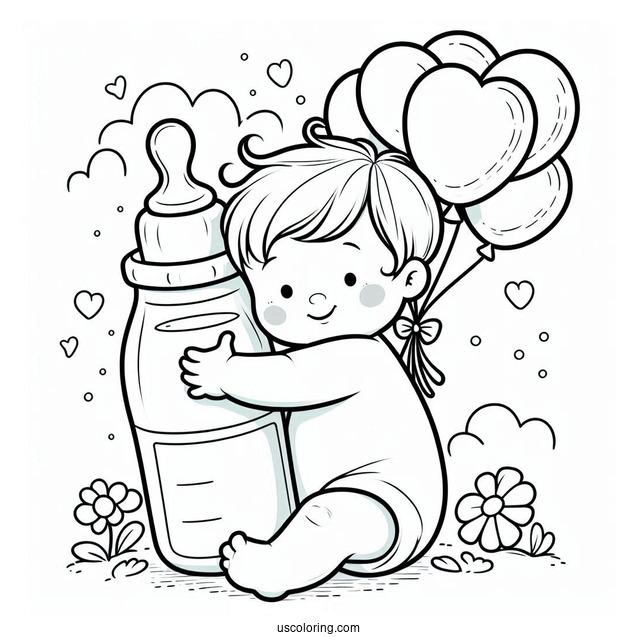 Baby Coloring Page Of Boy Embracing Large Milk Bottle With Balloons