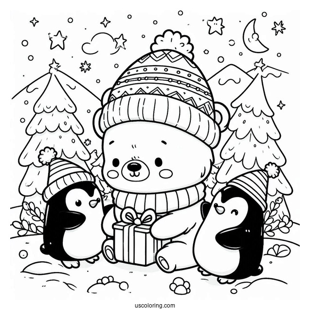 Coloring Page Of Cartoon Polar Bear With Penguins On Christmas
