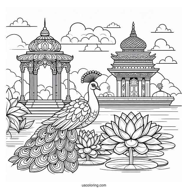 Peacock Coloring Page by Lotus Pond with Temple Background for Adults
