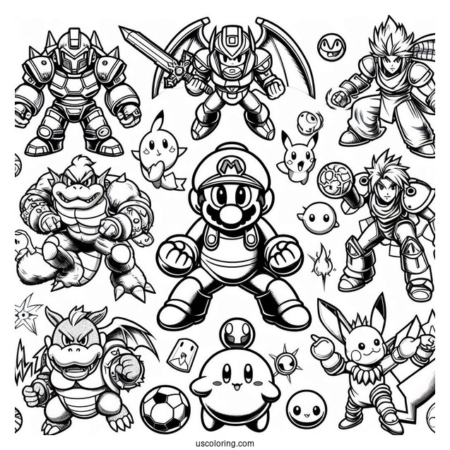 Super Smash Bros Coloring Page Of Mega Man, Dark Bowser, Zelda, Mario, Kid Icarus .Star Fox, Kirby, Donkey Kong, And Pikachu
