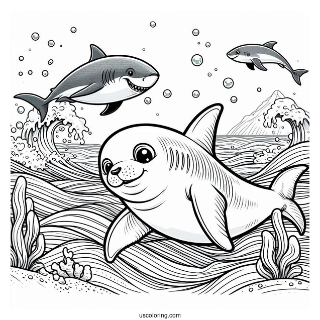 Shark Coloring Page Chasing Seal In The Ocean