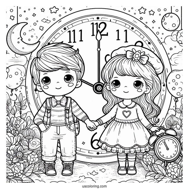 Two Children Holding Hands With a Clock