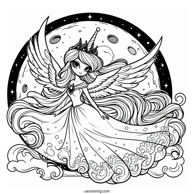 Princess Luna Coloring Page Flying In Front Of A Full Moon