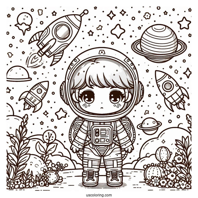 Outer Space Journey with a Chibi Coloring Page Astronaut and Rocket Ships