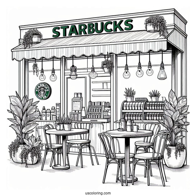 Starbucks Coloring Page Of Cafe With Potted Plants