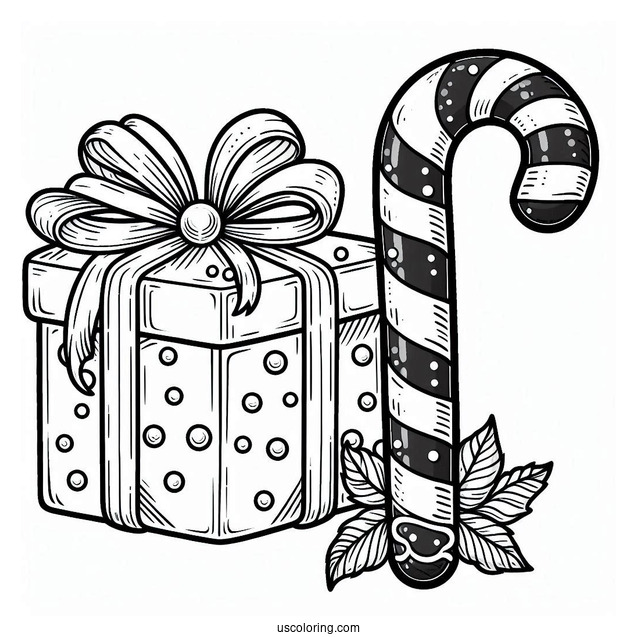 Large Candy Cane Coloring Page Beside A Christmas Present