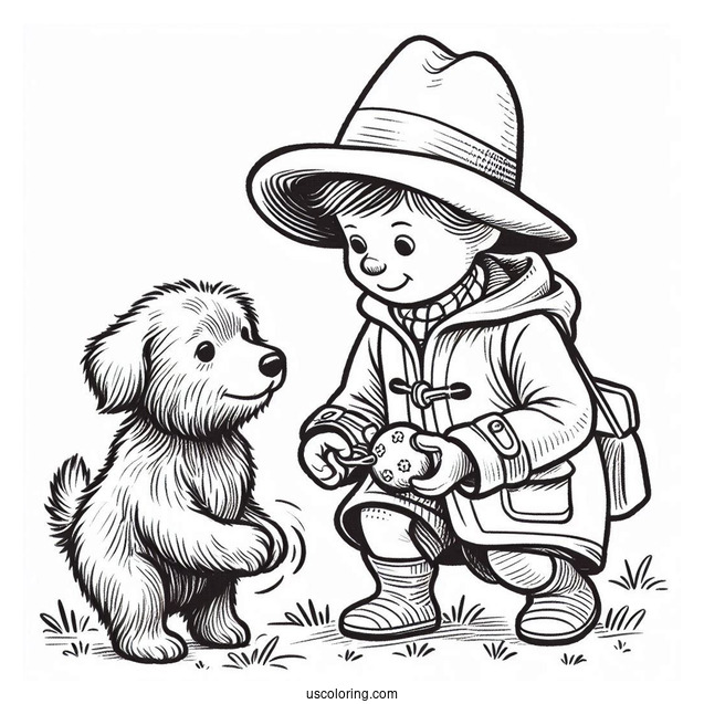 Paddington Coloring Page Playing With A Dog For Kids