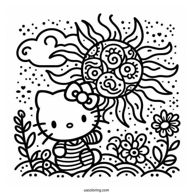 Simple Sun Shining Down On Hello Kitty Coloring Page For Kids