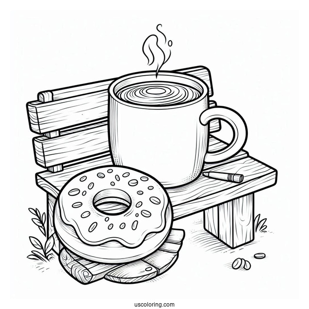 A Mug Of Coffee Sitting With A Donut Coloring Page On A Bench