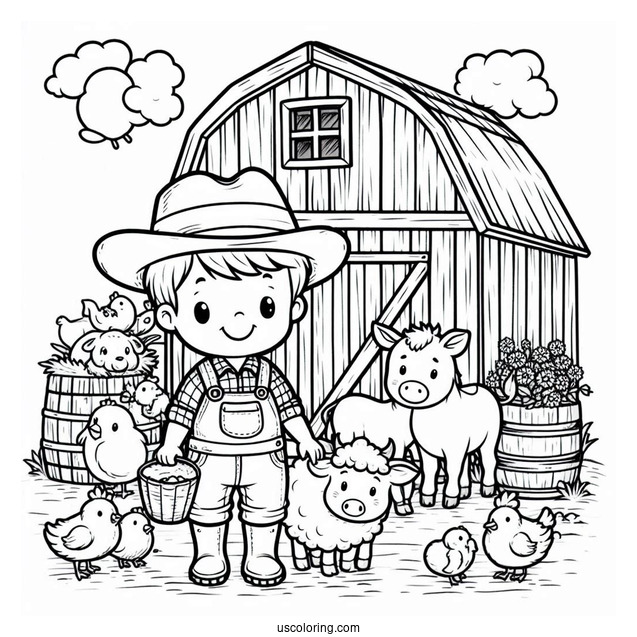Farmer Boy With Animals Next To Barn