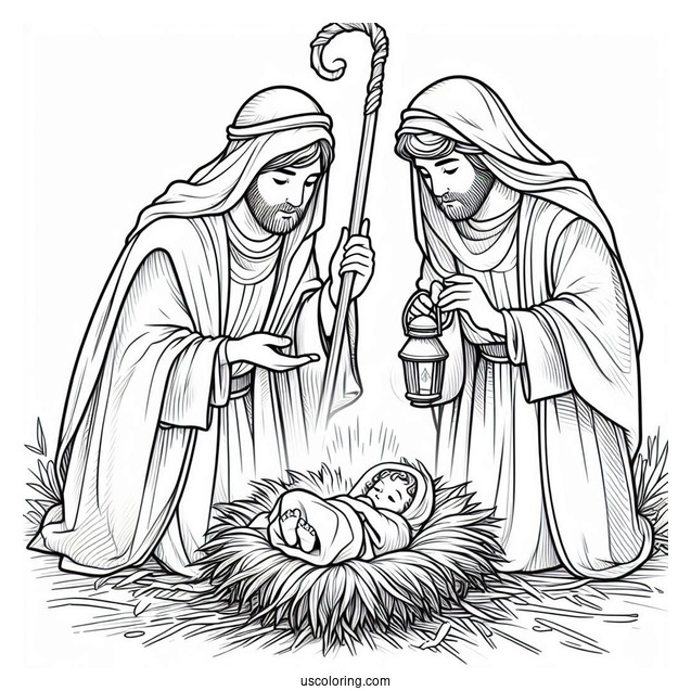 Nativity Coloring Page Of Three Magis Visiting Newborn Jesus In The Manger