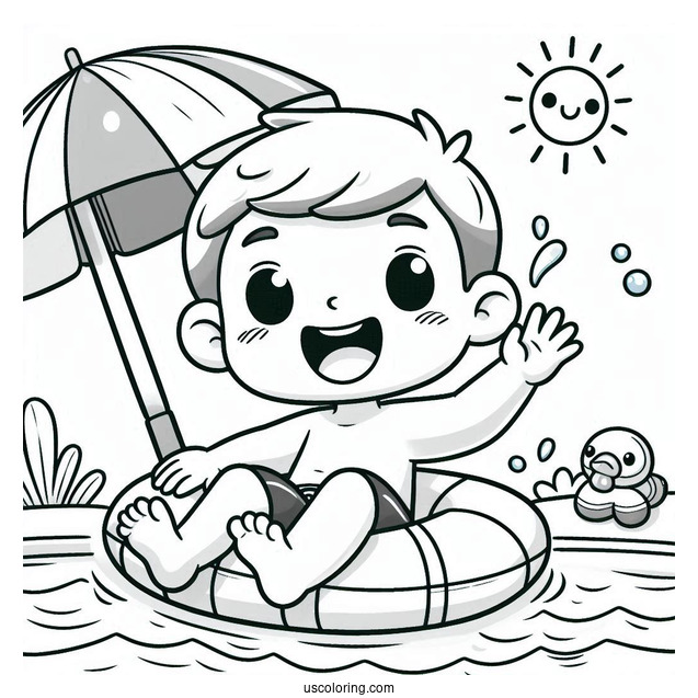 Swimming Coloring Page Of Happy Little Boy Wearing Pool Float For Kids
