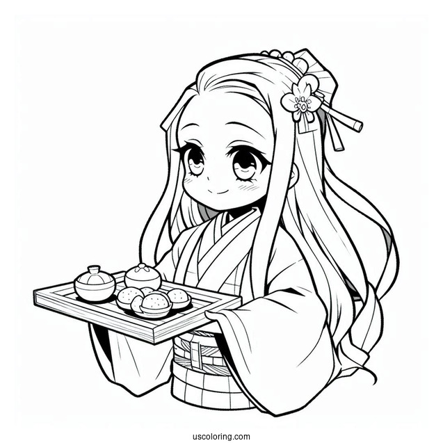 Nezuko Coloring Page And Muichiro Carring Tray Of Food