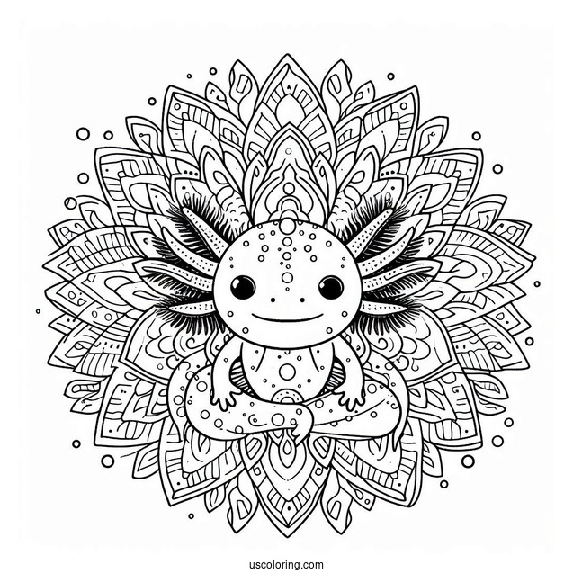 Axolotl Coloring Page At The Center Of A Flower Mandala