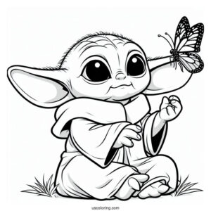 Loveable Baby Yoda Looking At Butterfly