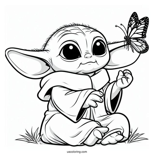Loveable Baby Yoda Looking At Butterfly
