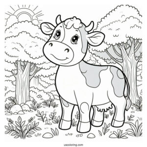 Happy Cow Standing In Forrest Coloring Sheet
