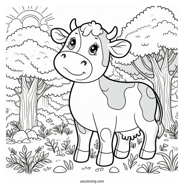 Happy Cow Standing In Forrest Coloring Sheet
