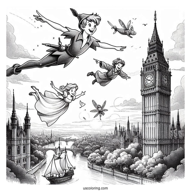 Peter Pan, Wendy, John, And Michael Flying Past Big Ben